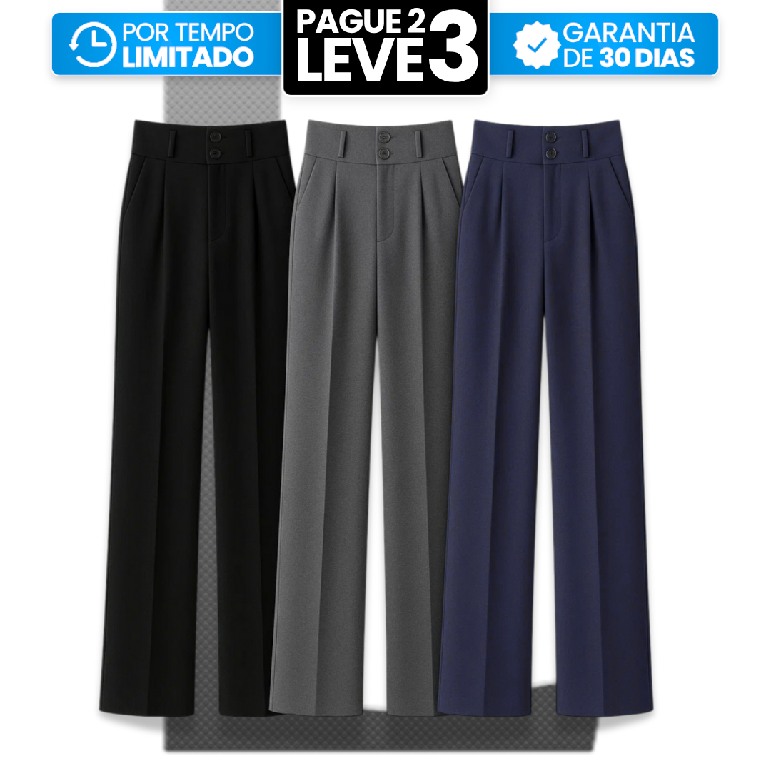 [Leve 3, Pague Só 2] Calça Feminina Lavínia Cintura Alta com Botões Duplos em Poliéster, Poliuretano e Spandex